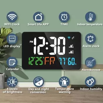 Метеостанция Многофункциональный будильник Термометр Гигрометр Tuya WiFi Smart Life Интеллектуальные настольные часы Календарь чёрный