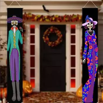 Mexican Day Of The Dead Porch Sign Colorful Ghost Hanging Door Curtain Banner Skeleton Couple Couplet Party Decoration Flags