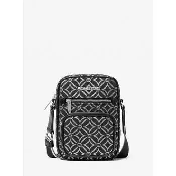 Michael Kors Jet Set Item Metallic Logo Jacquard Duffle Crossbody Medium 35f4sttc2j41 Black Silver F