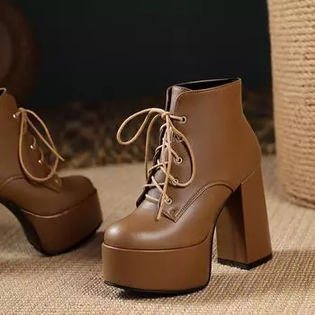Microfiber autumn and winter new comfortable thick heel high heel fashion show high and thin versatile single shoes short boots lace up 34 чёрный