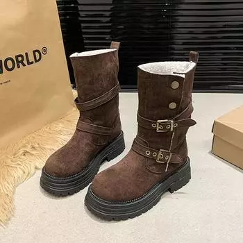 Mid-calf Square Heel Modern Boots Winter Slip-on 2024 High Quality Ladies Shoes Round Toe High Heel Buckle Punk Women s Boots 35 коричневый