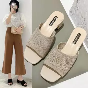 Mid Heel Slippers for Women Summer Korean Flying Weaving Outdoor Sandals Fashion Feamle Shoes Wholesale and Dropshop 35