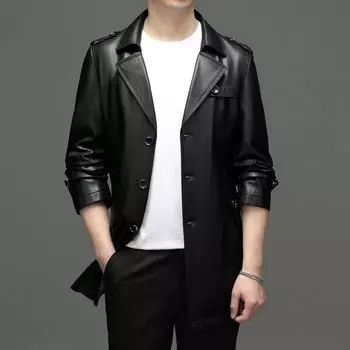 Mid-length windbreaker men s cotton-padded spring and autumn daddy leather coat leather coat thickened leather jacket for middle-aged men 170