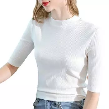 Mid-sleeved T-shirt for Women Half High Neck Early Autumn New Women s Top Mid-collar Base Shirt for Women S