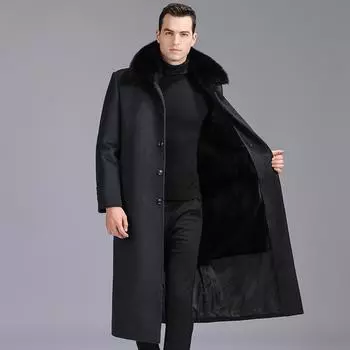 Middle-aged and elderly men s detachable woolen woolen woolen coat with real fur collar and velvet thickening over the knee 165