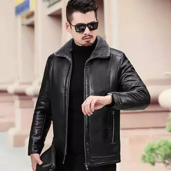 Мужские куртки из натуральной кожи с утолщенными лацканами и встроенным утолщенным мехом для мужчин среднего и пожилого возраста, а также бархатные куртки на зиму M