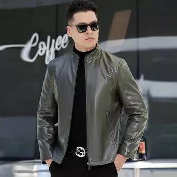 Middle-aged and elderly men s genuine leather jacket autumn and winter large size single jacket plus velvet daddy jacket thin section 170
