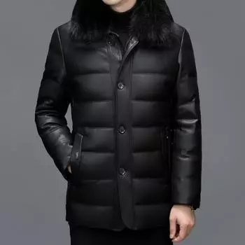 Middle-aged and elderly men s leather jacket casual leather plus velvet thickened short jacket lapel middle-aged down jacket winter M