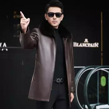 Middle-aged and elderly thickened winter clothing genuine leather mid-length men s clothing dad s clothing loose down jacket fox fur collar M