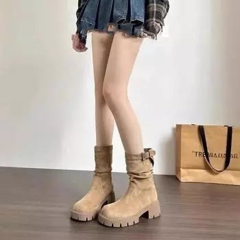 Middle Heel Platform Round Toe Women s Half High Boots on Promotion Gyaru Winter 2024 Novelty New Trend Pu Ladies Mid Calf Shoes 35