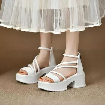 Middle Heel Zip Peep Toe Square Toe Women s Sandals Shoes for Women 2024 Fashion New Versatile Style Dress Sandals Women 35 чёрный