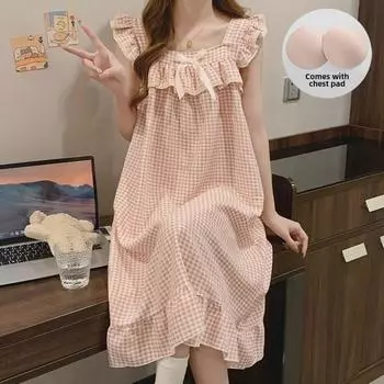 Милая ночная рубашка в шотландскую клетку с подвязками для чулок и фиксированной нагрудной подкладкой из легкого хлопкового ворса Medium