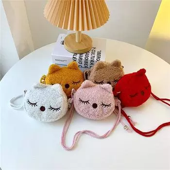 Милая плюшевая детская сумка на плечо с рисунком маленького кота, флисовый кошелек для монет для маленьких девочек, модная сумка-мессенджер, детские подарки на день рождения