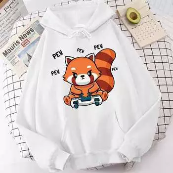 Милая толстовка с принтом Pew Red Panda Kawaii, повседневные толстовки с капюшоном для мужчин и женщин, с длинным рукавом, свитера, свободные толстовки унисекс S