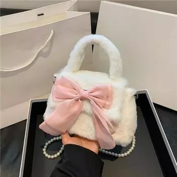 Милая женская плюшевая сумка с бантом, дорожная сумка через плечо с плюшевым жемчугом чёрный