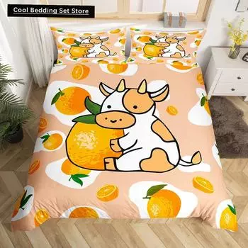 Milk Cow Orange Pattern King Queen Duvet Cover Cartoon Fruit Animal Bedding Set for Kids Girl White 2/3pcs Polyester Quilt Cover EU single(135x200cm)