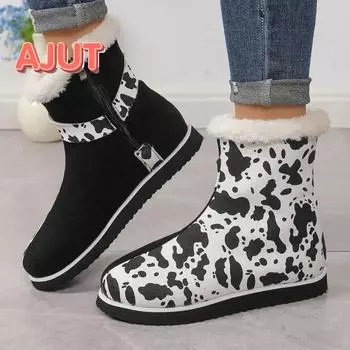 Milk Cow Print Thick Plush Snow Boots for Women 2024 Autumn and Winter Thickening and Warm Women s Cotton Boots Botas De Mujer 36