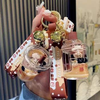 Milk Tea Cup Milk Tea Cup Bear Keychain Bag Pendant Liquid Oil Keyring Milk Tea Bottle Keyring Milk cup bear