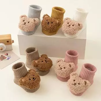 Милые детские носки с рисунком медведя для мальчиков и девочек, зимние мягкие хлопковые носки с нескользящей подошвой для малышей, утепленные теплые носки для детей жёлтый