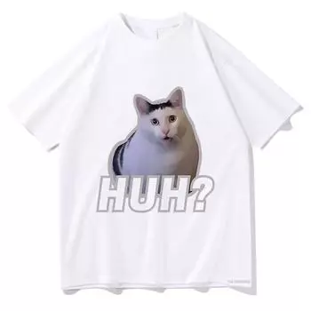 Милые футболки Huh Cat Meme, забавные крутые классические мужские/женские костюмы, эстетичная футболка в стиле Харадзюку, винтажная уличная одежда унисекс, хлопковые топы S