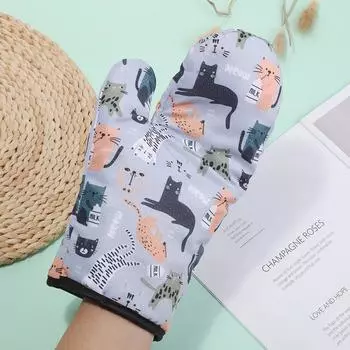 Милые хлопковые перчатки с рисунком кота для духовки, двойные, толстые, термостойкие, противоожоговые, подходят для духовки, барбекю, прихваток для кастрюль
