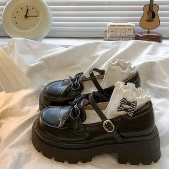 Милые и классные туфли Jk Uniform Small Leather Shoes женские туфли Mary Jane с французским бантом на толстой подошве, увеличивающие рост 35