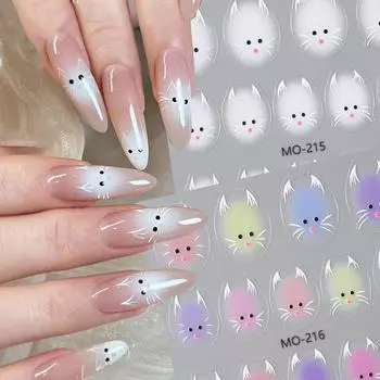 Милые наклейки для ногтей с белым котом, наклейки 5D, котенок, чернила, цветущие цветы, украшения для ногтей, кавайные наклейки для мультфильмов, летний маникюр MO-215
