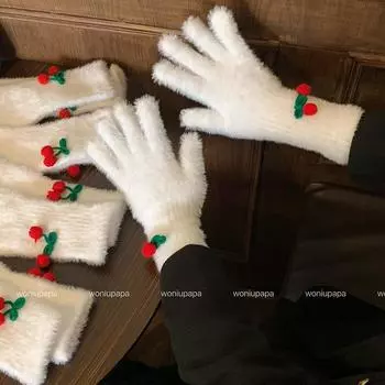 Милые японские перчатки с пятью пальцами из вишневого плюша для женщин на осень и зиму для путешествий и езды на велосипеде, теплые и холодостойкие, универсальные перчатки для сенсорных экранов one size fits all
