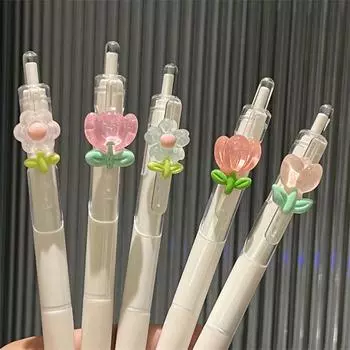 Милые ручки-тюльпаны Kawaii Flower Гелевая ручка Быстросохнущие черные чернила ST Nib Эстетичные канцелярские принадлежности Ручки Kawaii Офисная ручка для письма 3 pens