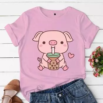 Милые топы Harajuku Y2K, одежда, свинья Боба, чайный принт, женские повседневные футболки Kawaii, футболки с розовой свиньей, модные футболки большого размера, топы S розовый