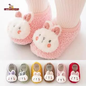 Милые зимние осенние носки-тапочки Kawaii с куклой-кроликом для младенцев, утолщенные нескользящие носки для дома, первые носки для ходьбы для детей S12cm 6-12mouth