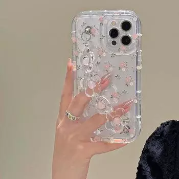 Милый 3D цветочный чехол на запястье для телефона с цепочкой из мягкого материала для iPhone 15 14 12 13 11 Pro Max Plus розовый цветочный прозрачный защитный чехол для линз For iphone 11