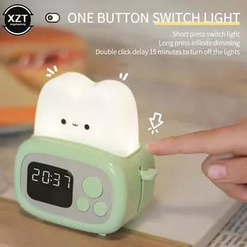 Милый будильник для хлебопечки, таймер сна, цифровая USB-перезаряжаемая лампа, прикроватный столик, будильник, светодиодные часы, праздничный подарок зелёный