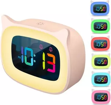 Милый будильник с кошачьими ушками, 7-цветным ночником RGB и 18 мелодиями звонка, перезаряжаемые часы для детской спальни розовый