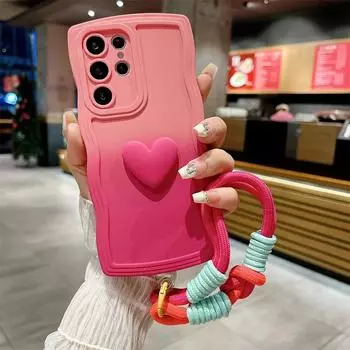 Милый чехол с ремешком в форме сердца для Samsung Galaxy S23 S24 Ultra S22 S21 Plus S20 FE A54 A34 A53 A52 A14, градиентный чехол с ремешком S21FE