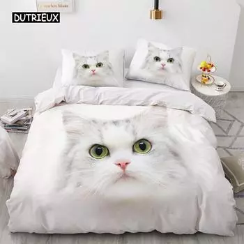 Милый комплект постельного белья с изображением 3D животных и кошек, белый пододеяльник, тема домашнего питомца для детей, девочек, женщин, мужчин, подарков, спальни, украшения для дома EU single(135x200cm)