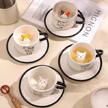 Милый кот кофейная чашка блюдце набор керамическая кофейная чашка блюдце мультфильм животное завтрак молочная чашка украшение дома питьевая утварь 200ML
