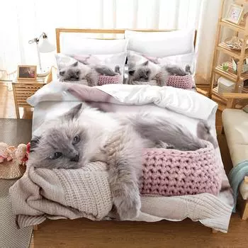 Милый котик пододеяльник 3D комплект постельного белья с изображением животных питомец котенок одеяло чехол из микрофибры двойной полный размер для детей подростков мальчиков спальня декор EU single(135x200cm)
