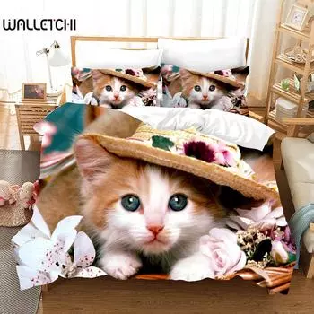 Милый котик пододеяльник комплект постельного белья размера King Queen Kawaii Animals для детей подростков полиэстер одеяло чехол с наволочкой EU single(135x200cm)