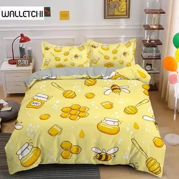 Милый мультяшный пододеяльник с пчелой King Queen Sweet Honey комплект постельного белья для детей, мальчиков и девочек, весенний желтый летающий насекомый полиэстеровый пододеяльник EU single(135x200cm)