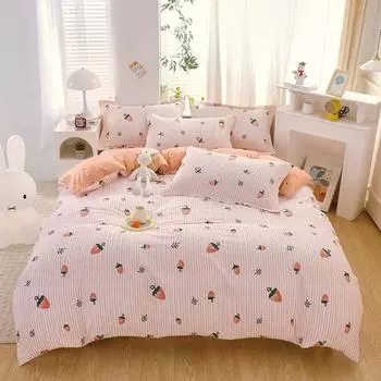 Милый пододеяльник с клубникой и полосками, комплект постельного белья Kawaii из хлопка, мягкий двусторонний чехол с растительным узором и 2 наволочками Single 150x200cm