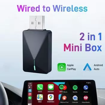 Мини-бокс 2-в-1 Проводной к Беспроводному CarPlay и Android Auto Скорость передачи 5 ГГц WiFi5 Plug and Play Модный и Портативный чёрный