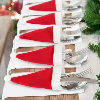 Mini Christmas Cutlery Holder Wine Bottle Cover Santa Hats Tableware Bags Knife Fork Pocket Xmas Party Dinner Table Decoration