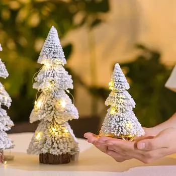 Mini Christmas Tree Light Desktop Ornaments Tower Flocking Cedar Tree Warm White Light For Home Christmas Festive Decorations