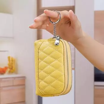 Мини-кошелек из коровьей кожи с рисунком в ромбовидную клетку, сумка для ключей и монет, сумка для хранения монет из натуральной кожи с двойной молнией чёрный