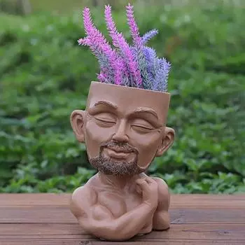 Mini Muscle Man Flowerpot Simulation Human Figurine Flowerpot Cartoon Head Flowerpot Outdoor хаки