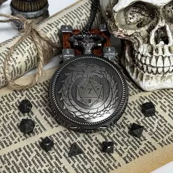 Мини-набор игральных костей DND, чехол для карманных часов с гравировкой дракона и 7 многогранными металлическими игральными костями DND, набор игральных костей в стиле ретро для настольных игр A