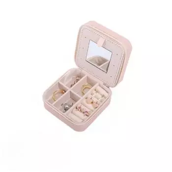 Mini Portable Premium Jewelry Box Ring Box Earrings Necklace Storage Box, Zipper Flip Travel Trinket Box With mirror белый