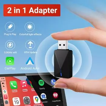 Мини-проводной и беспроводной CarPlay и Android Auto 2in1 AI Box 5GHz WiFi5 Скорость передачи данных Plug and Play Модный и портативный чёрный