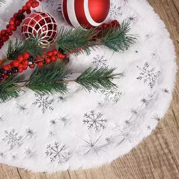 Mini White Christmas Tree Skirt Plush Star Snowflakes Xmas Tree Skirt New Year Ornaments Home Party Decoration Carpet Base Cover 38cm in diameter